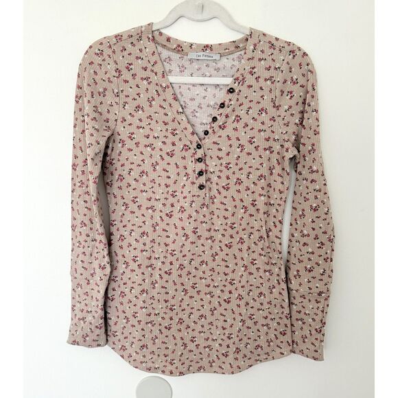 VTG Y2K Ces Femme Floral Ribbed Henley Long Sleeve Stretch Top USA Sz S
